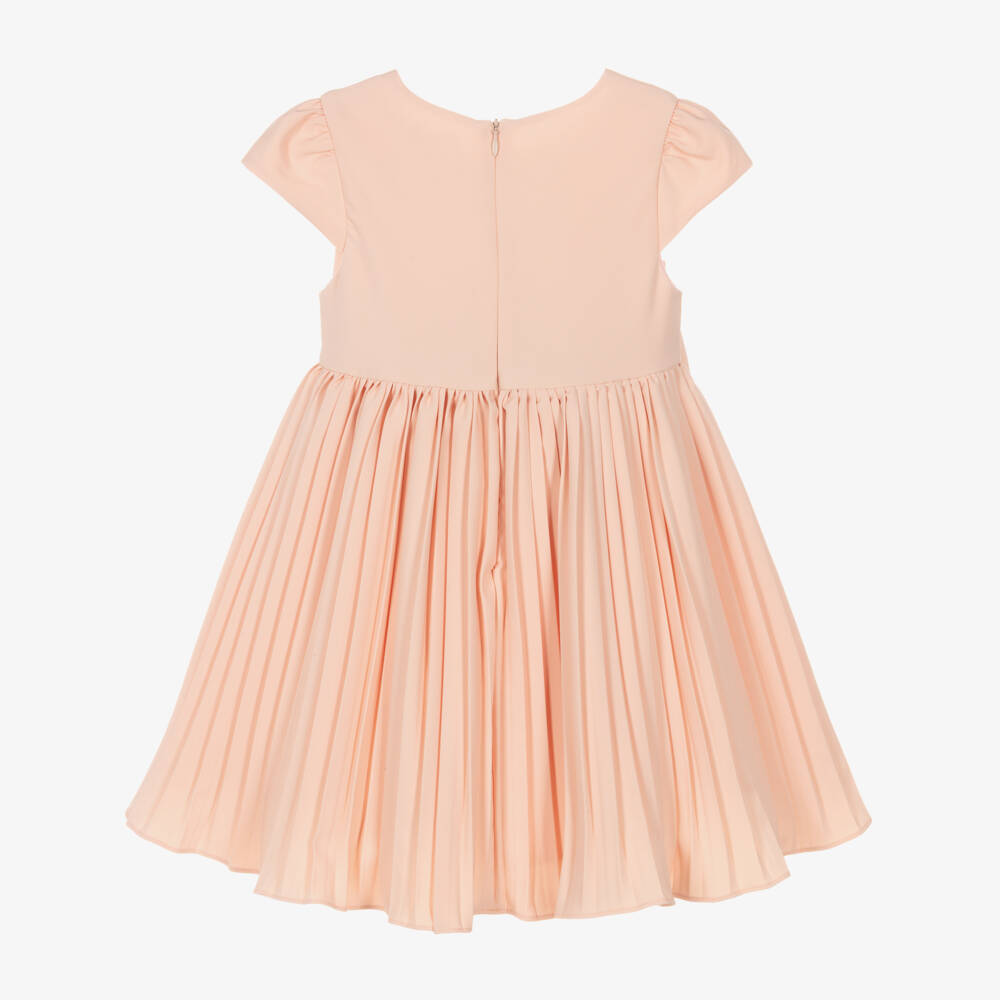Patachou-Girls Peach Pink Bow Pleated Crêpe Dress | Childrensalon