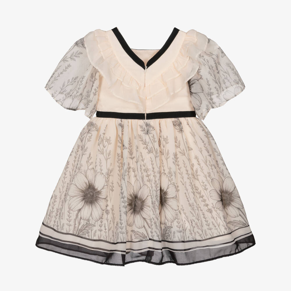 Patachou-Girls Peach Ruffle Chiffon Dress with Black Floral Print | Childrensalon