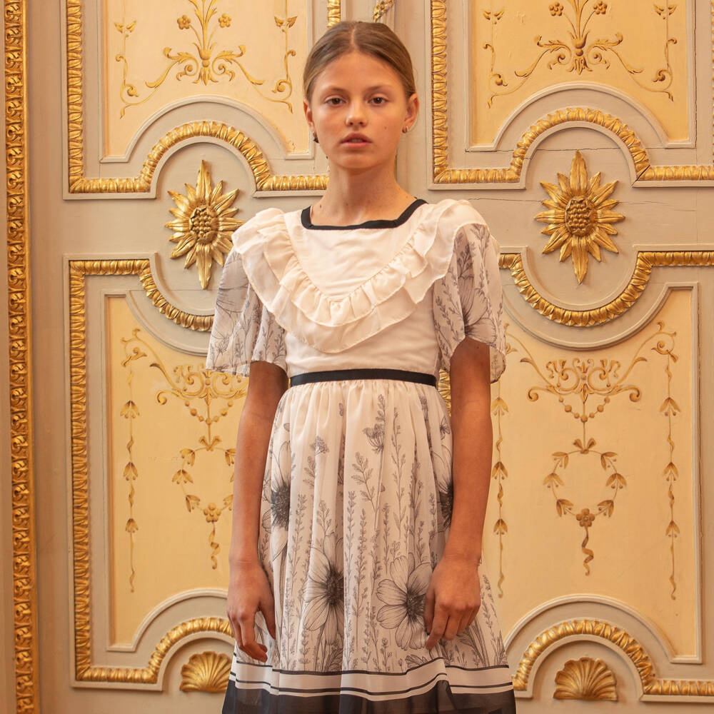 Patachou-Girls Peach Ruffle Chiffon Dress with Black Floral Print | Childrensalon