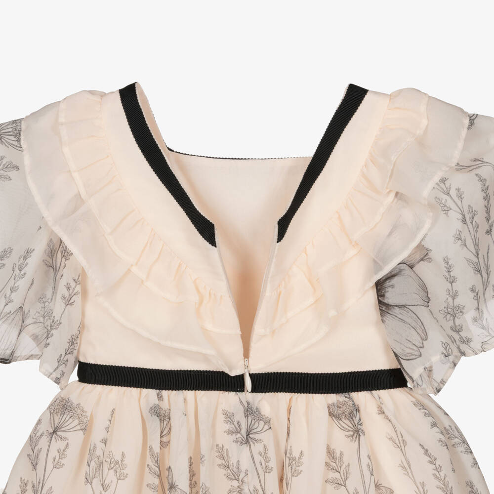 Patachou-Girls Peach Ruffle Chiffon Dress with Black Floral Print | Childrensalon