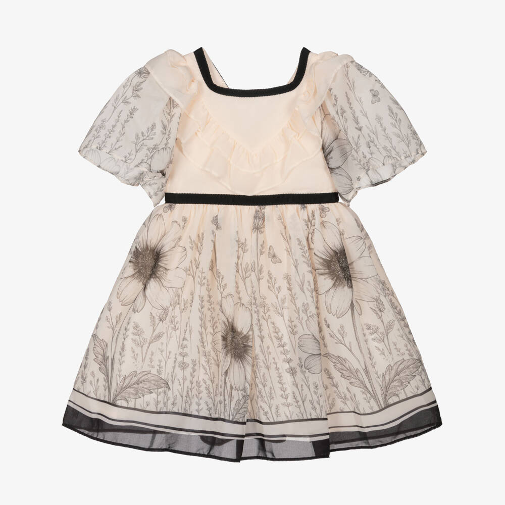 Patachou-Girls Peach Ruffle Chiffon Dress with Black Floral Print | Childrensalon
