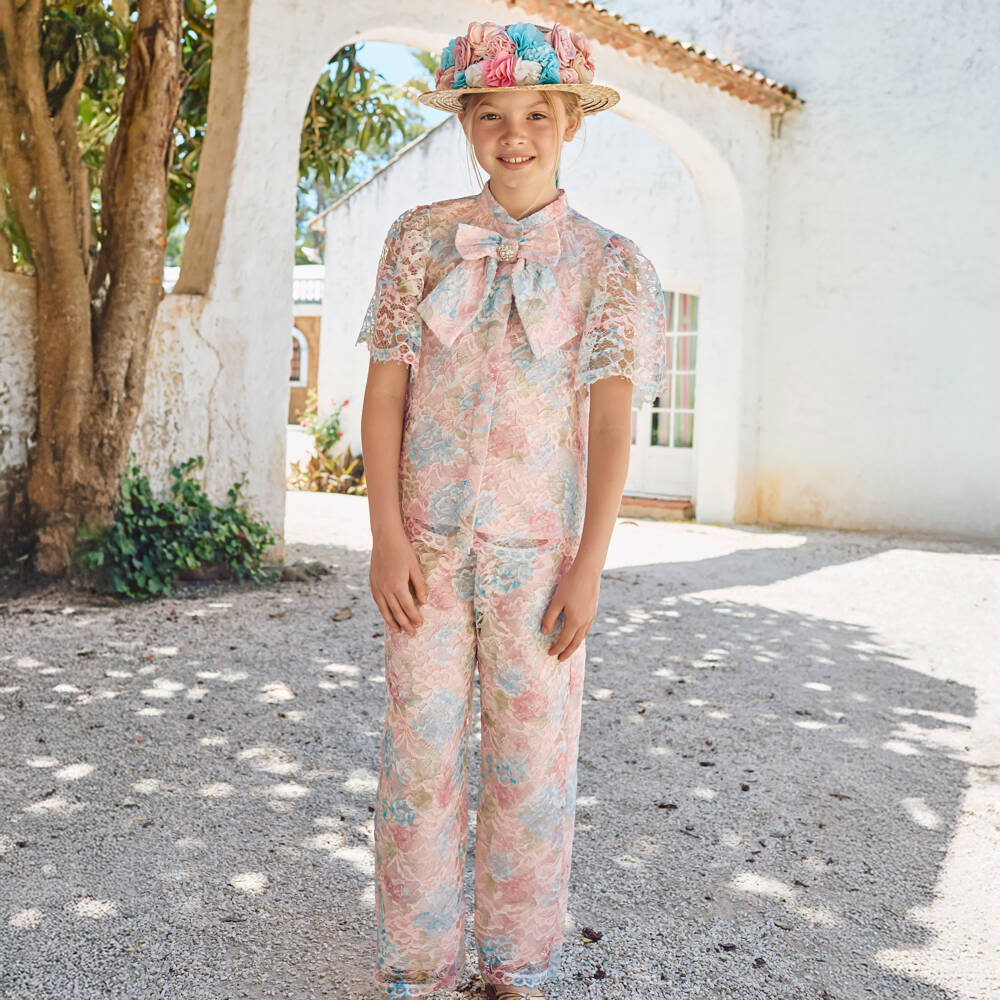 Patachou-Girls Pink & Blue Floral Lace Trouser Set | Childrensalon