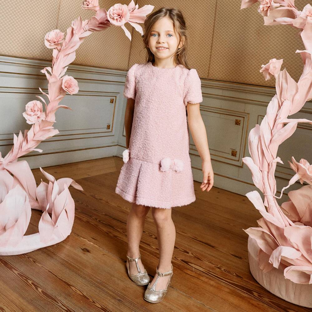 Patachou-Girls Pink Boucle Dress with Fluffy Bows | Childrensalon