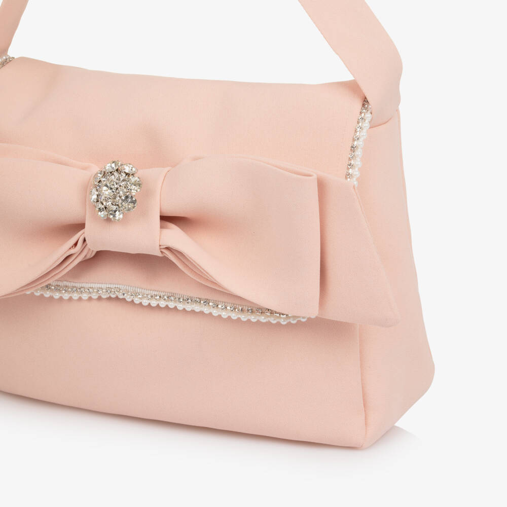 Patachou-Girls Pink Bow Handbag with Diamanté & Pearl Trim (17cm) | Childrensalon