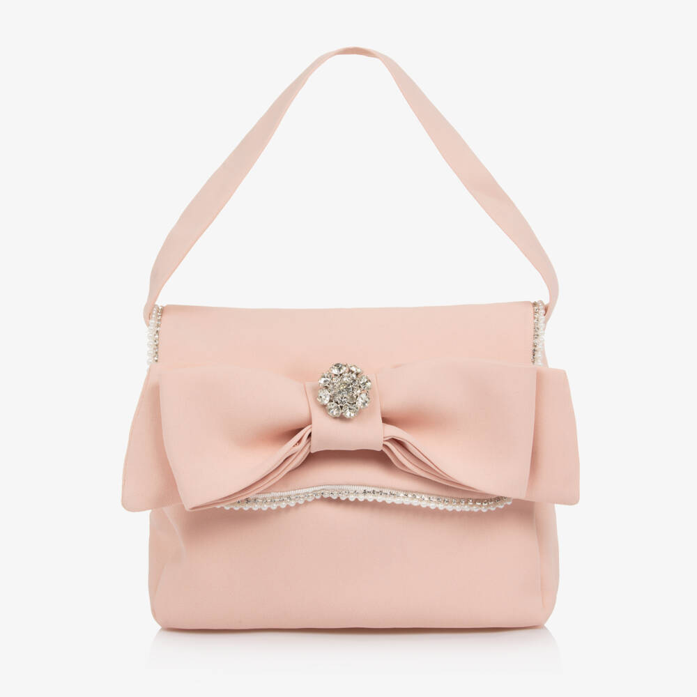 Patachou-Girls Pink Bow Handbag with Diamanté & Pearl Trim (17cm) | Childrensalon