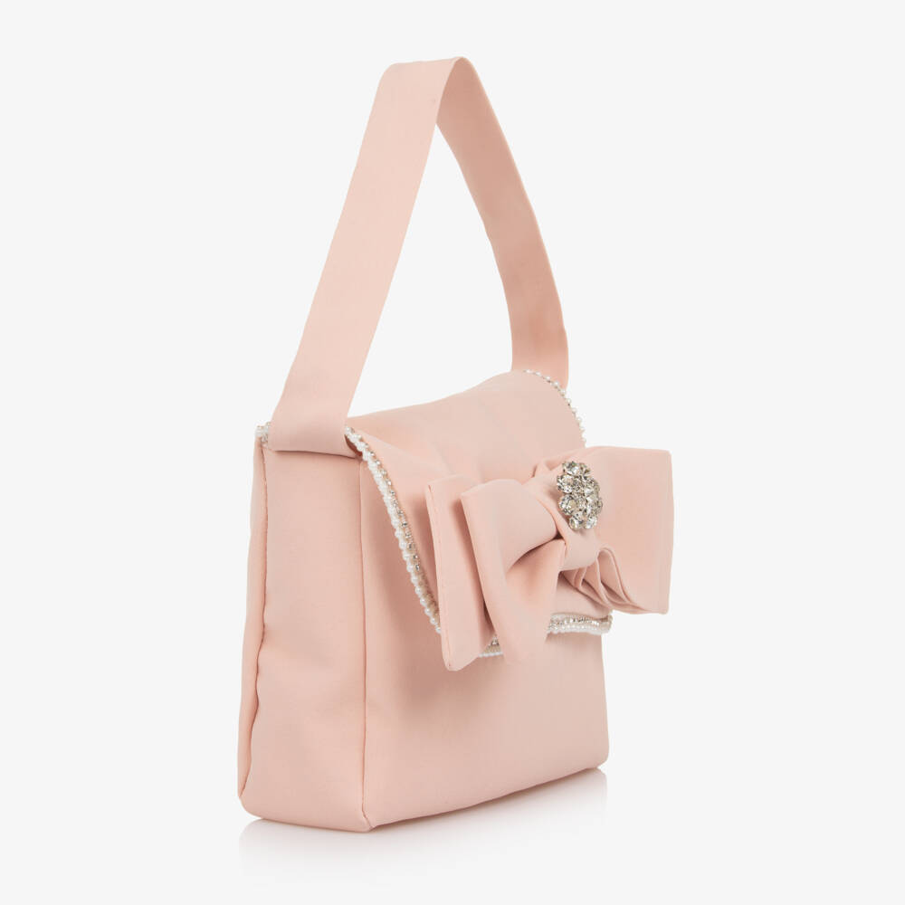 Patachou-Girls Pink Bow Handbag with Diamanté & Pearl Trim (17cm) | Childrensalon