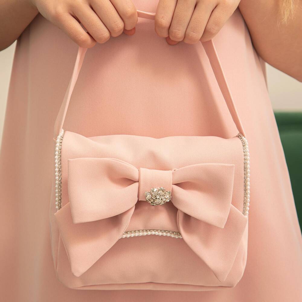 Patachou-Girls Pink Bow Handbag with Diamanté & Pearl Trim (17cm) | Childrensalon