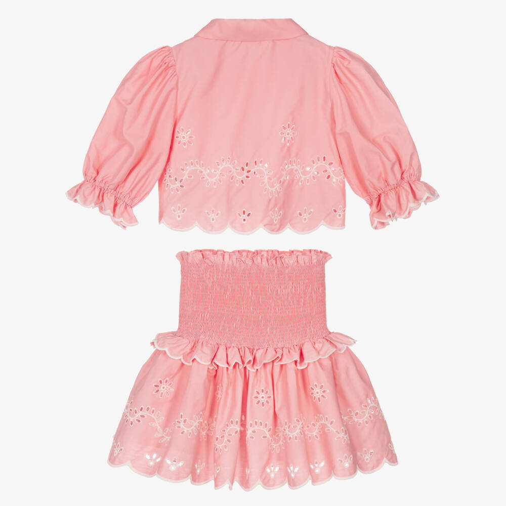 Patachou-Girls Pink Broderie Detail Cotton Skirt Set | Childrensalon