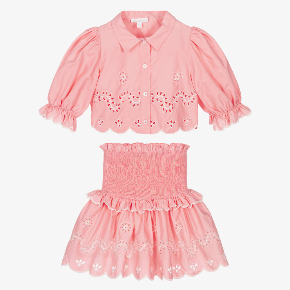 Patachou-Girls Pink Broderie Detail Cotton Skirt Set | Childrensalon