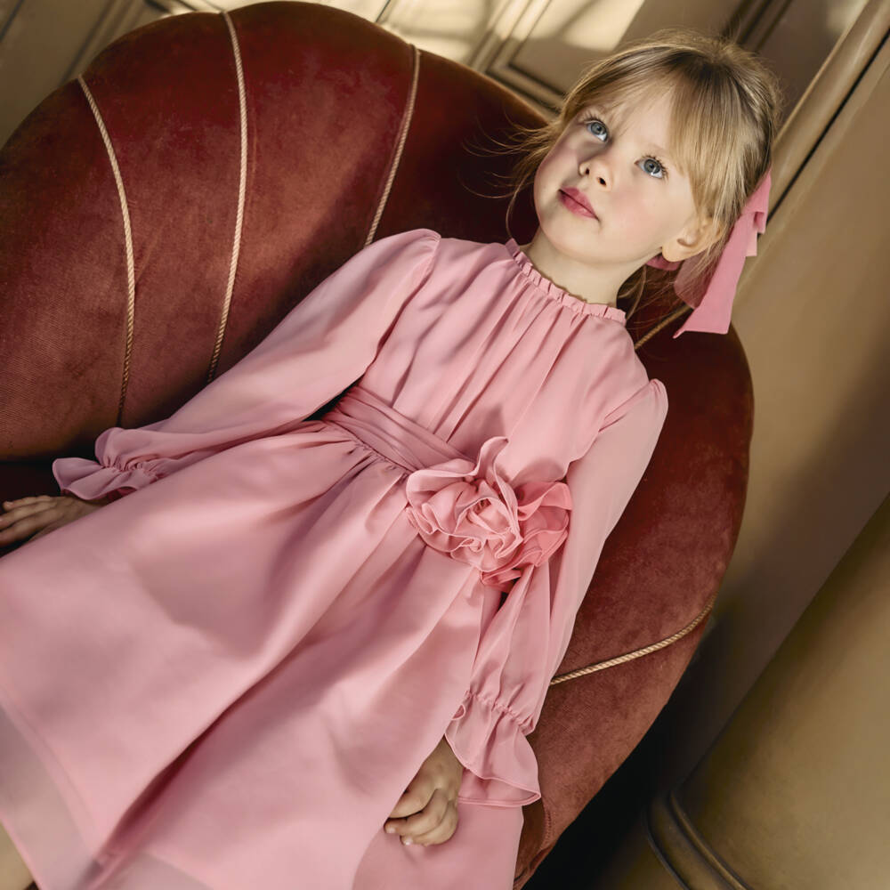 Patachou-Girls Pink Chiffon Dress with Floral Appliqué | Childrensalon