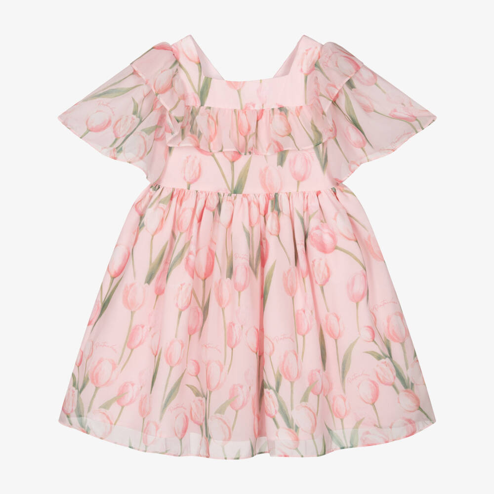 Patachou-Girls Pink Chiffon Tulip Print Dress | Childrensalon