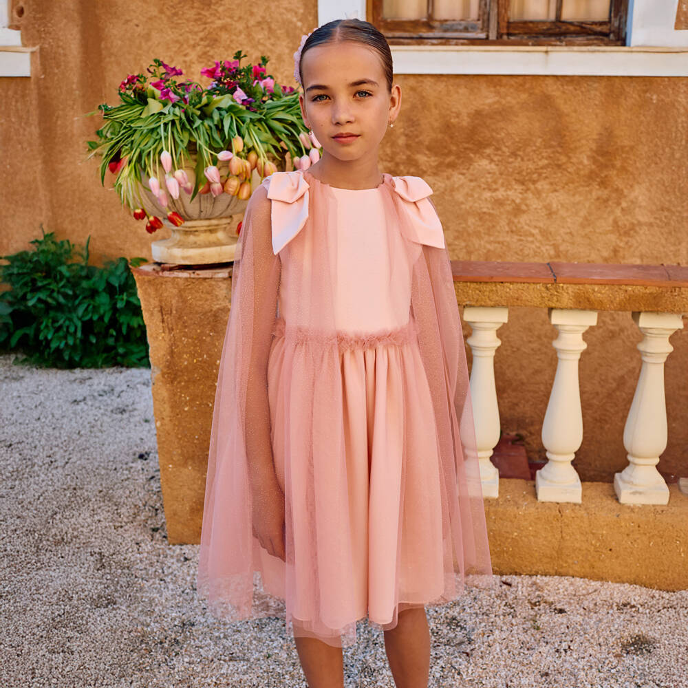 Patachou-Girls Pink Chiffon & Tulle Cape Style Dress | Childrensalon