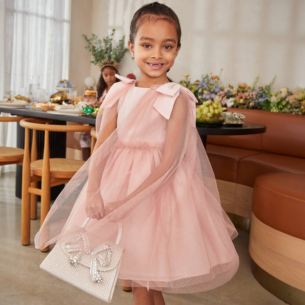 Patachou-Girls Pink Chiffon & Tulle Cape Style Dress | Childrensalon