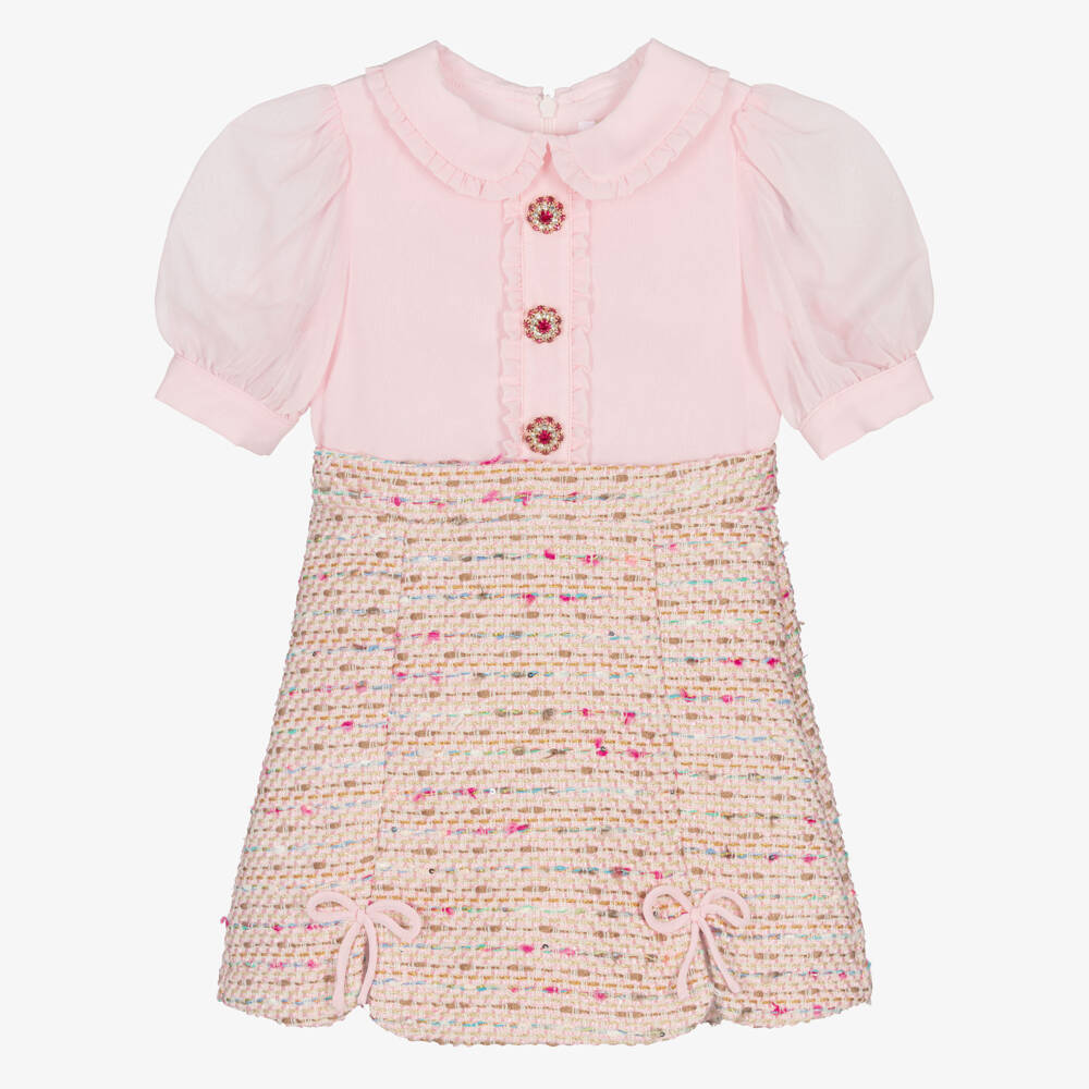 Patachou-Girls Pink Chiffon & Tweed Dress with Jewelled Buttons | Childrensalon
