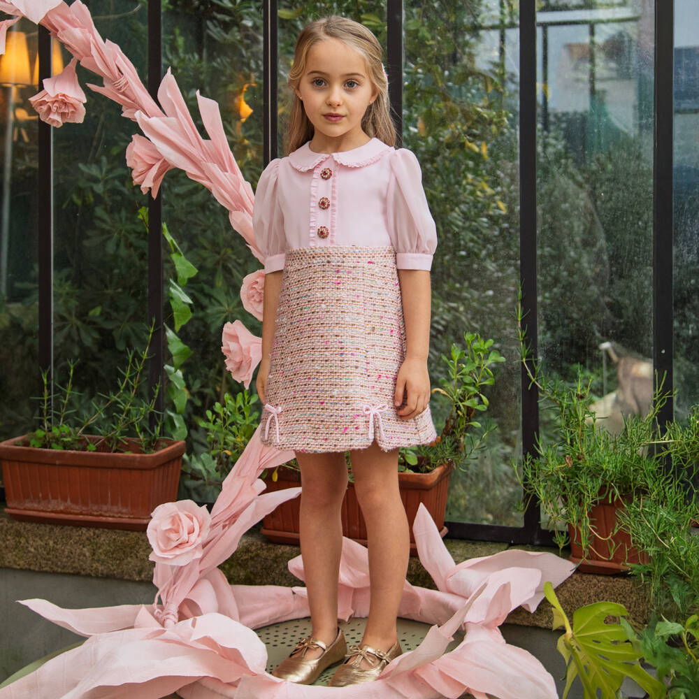 Patachou-فستان شيفون وتويد بأزرار مرصعة لون زهري للبنات | Childrensalon