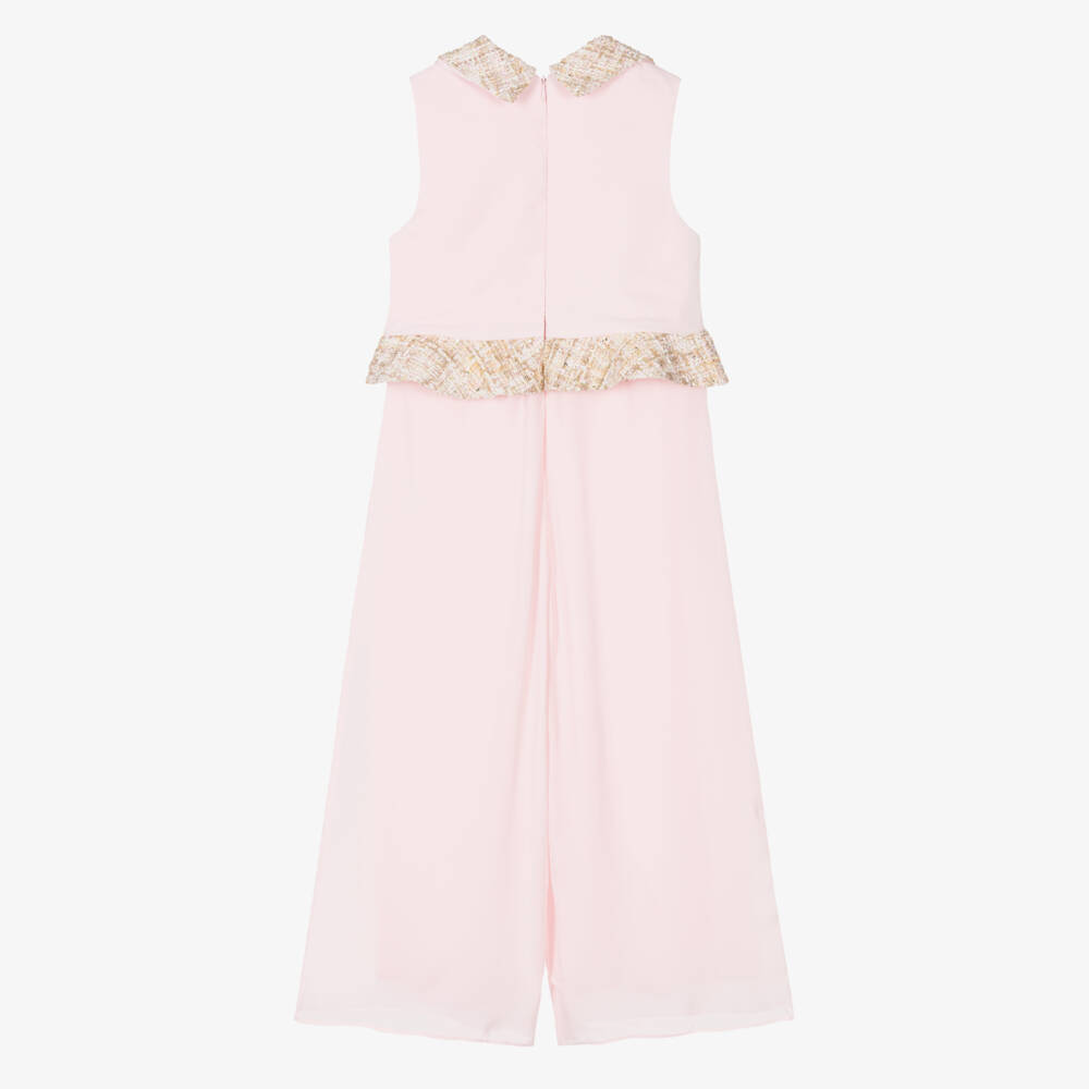 Patachou-Girls Pink Chiffon & Tweed Jumpsuit | Childrensalon