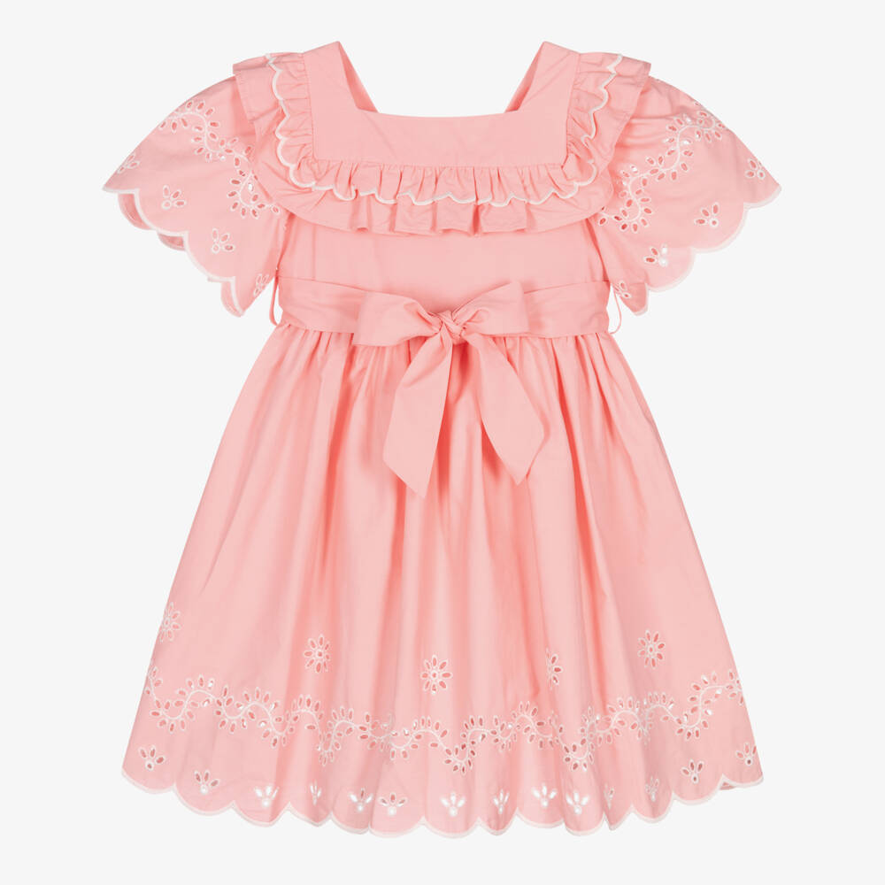 Patachou-Girls Pink Cotton Dress with White Floral Cut Work | Childrensalon