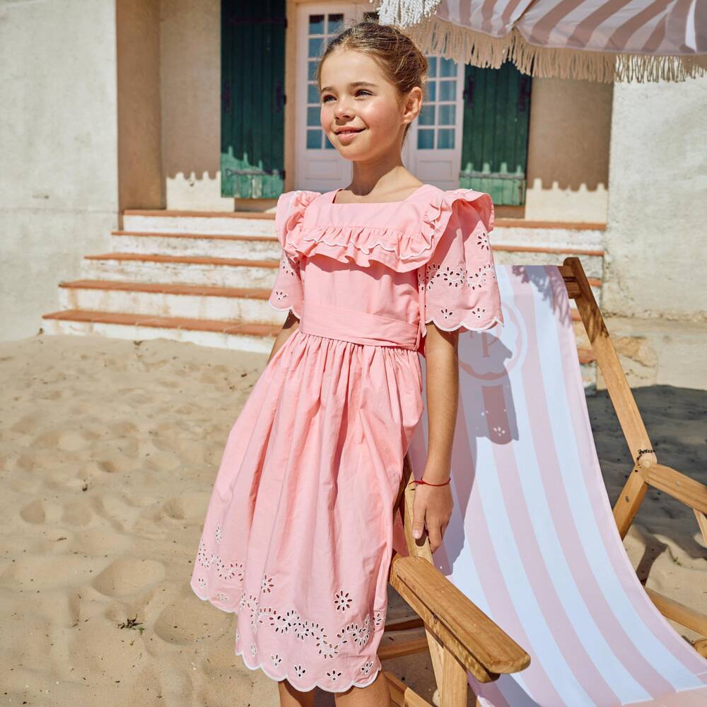 Patachou-Girls Pink Cotton Dress with White Floral Cut Work | Childrensalon