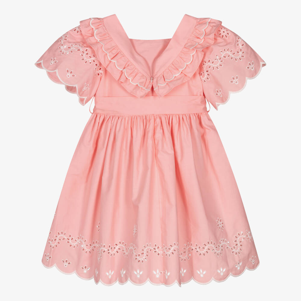 Patachou-Girls Pink Cotton Dress with White Floral Cut Work | Childrensalon