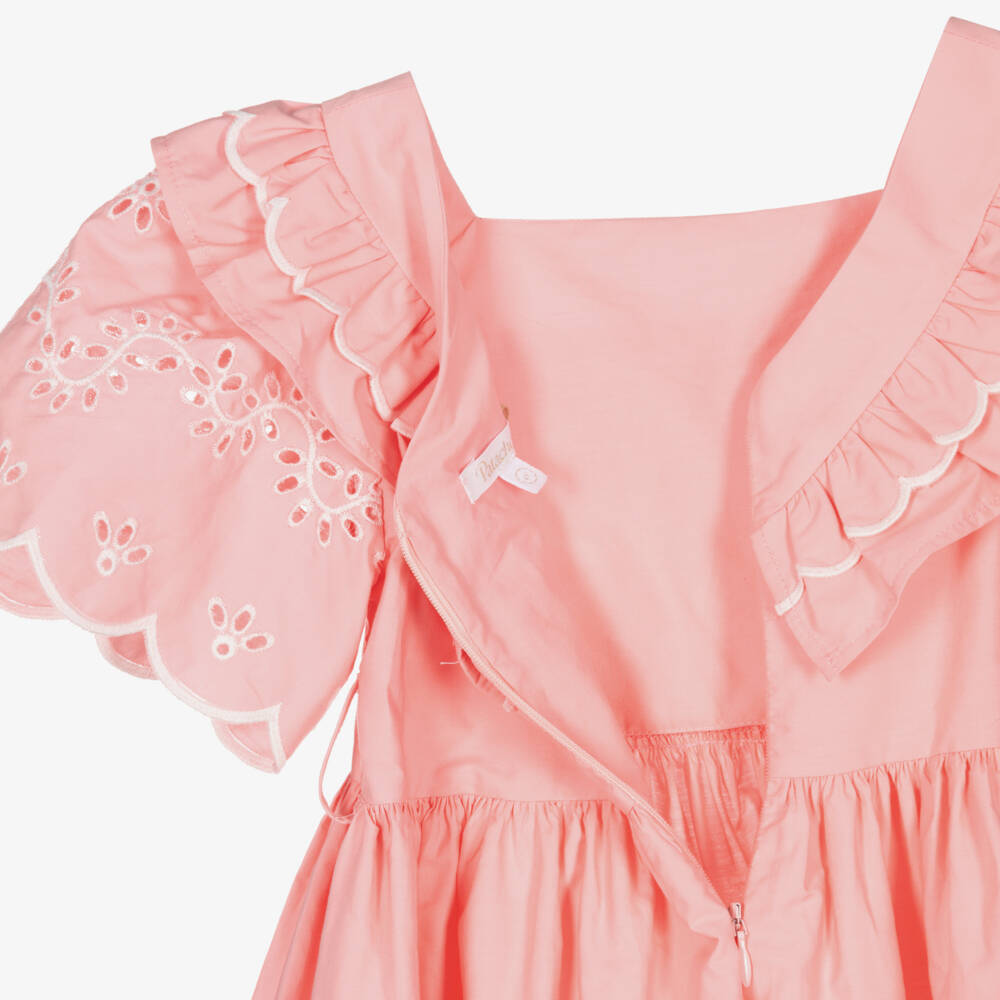 Patachou-Girls Pink Cotton Dress with White Floral Cut Work | Childrensalon