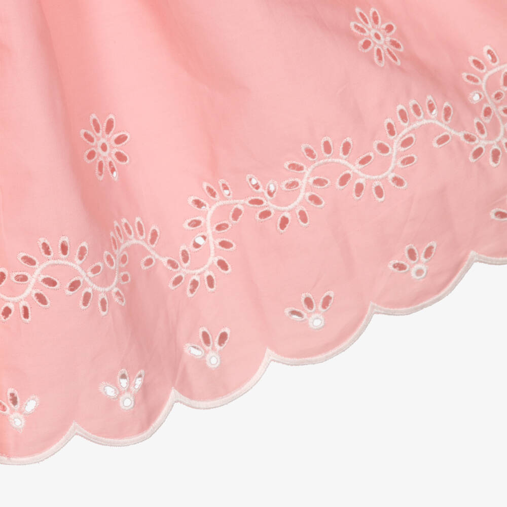 Patachou-Girls Pink Cotton Dress with White Floral Cut Work | Childrensalon