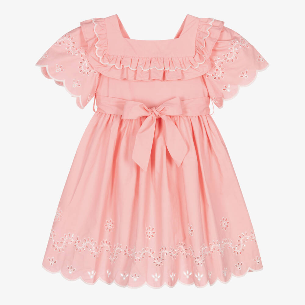 Patachou-Girls Pink Cotton Dress with White Floral Cut Work | Childrensalon