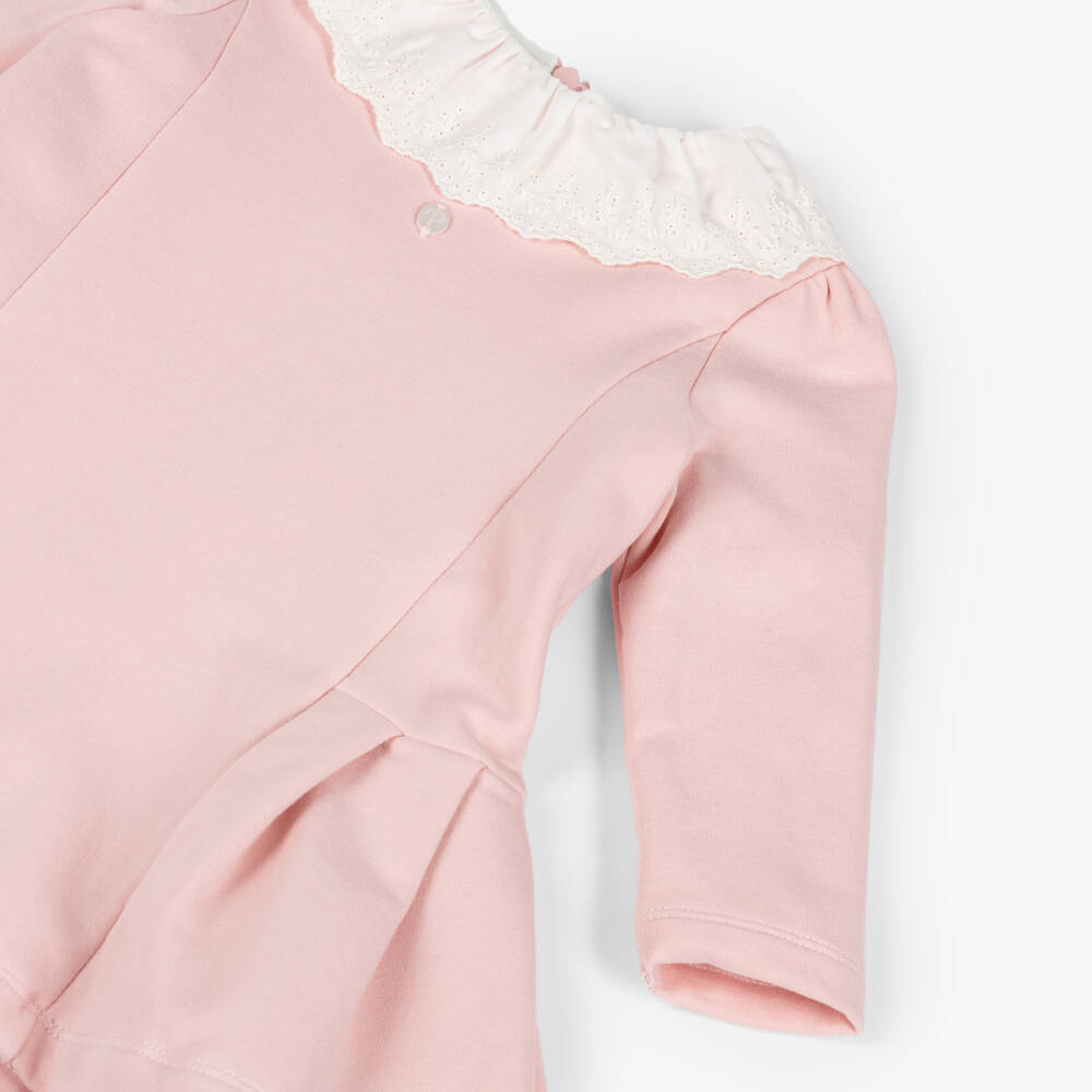 Patachou-فستان بياقة مطرزة قطن جيرسي لون زهري للبنات  | Childrensalon