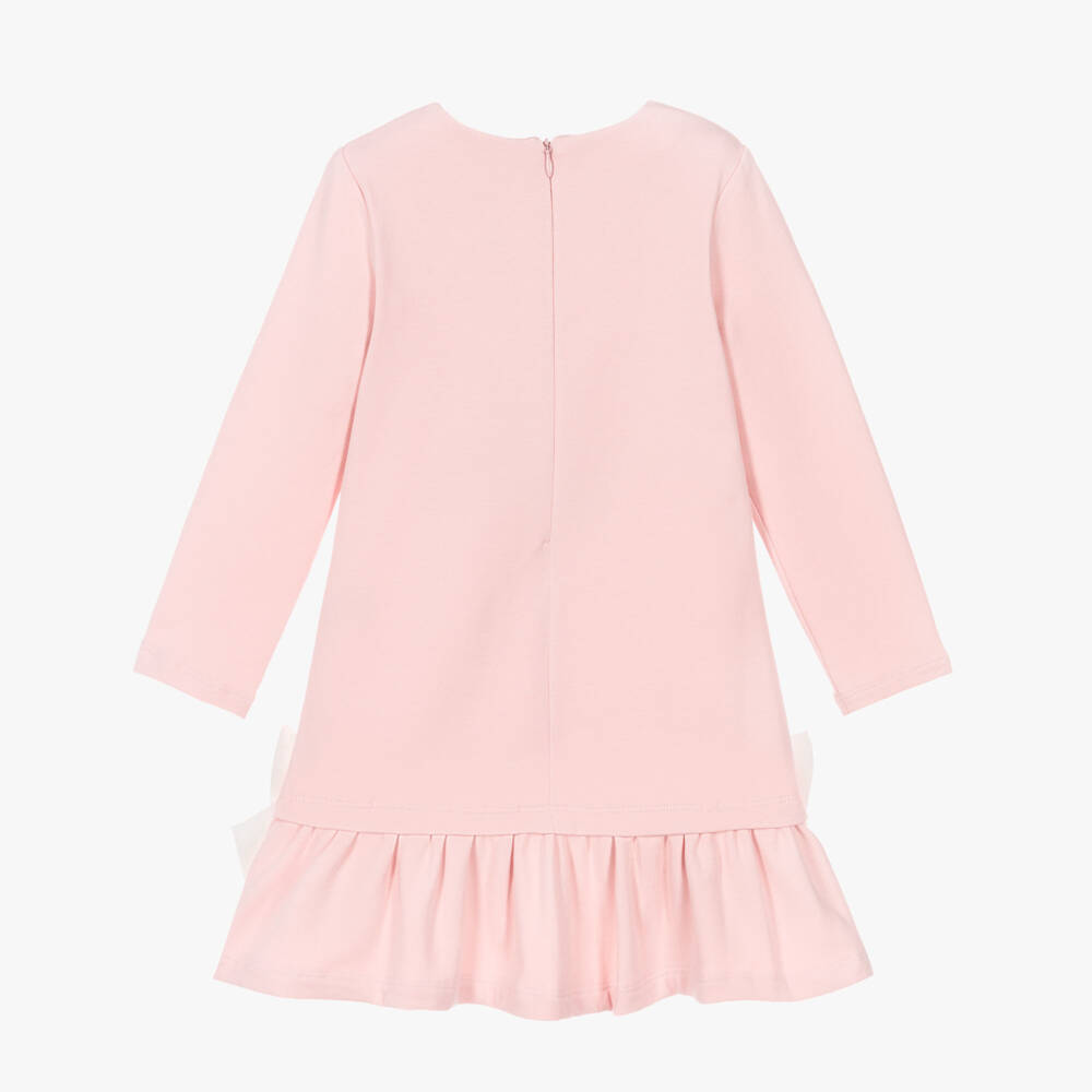 Patachou-Girls Pink Cotton Jersey Dress with Ivory Bows | Childrensalon