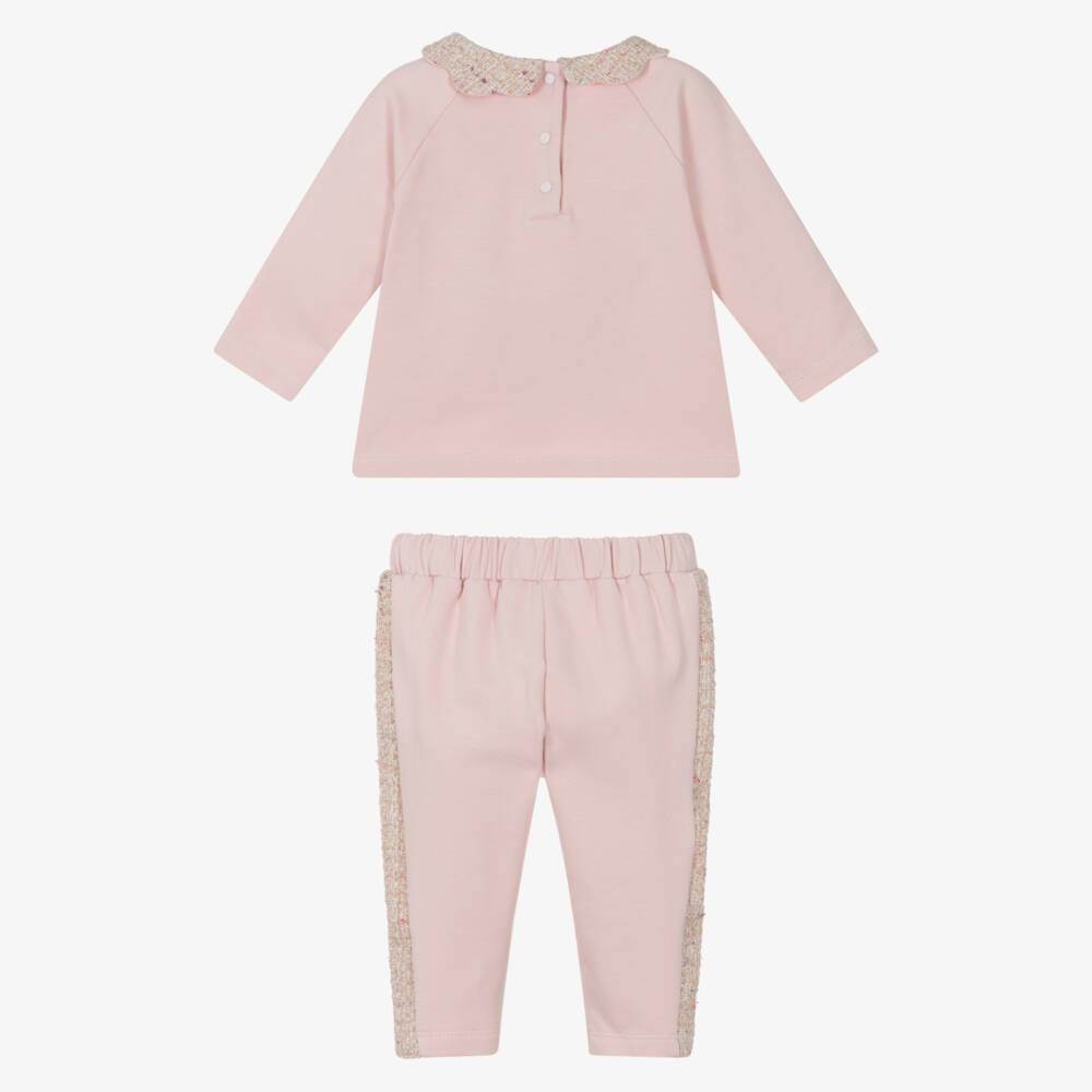 Patachou-Брючный комплект розовый из хлопкового трикотажа и твида для девочек | Childrensalon