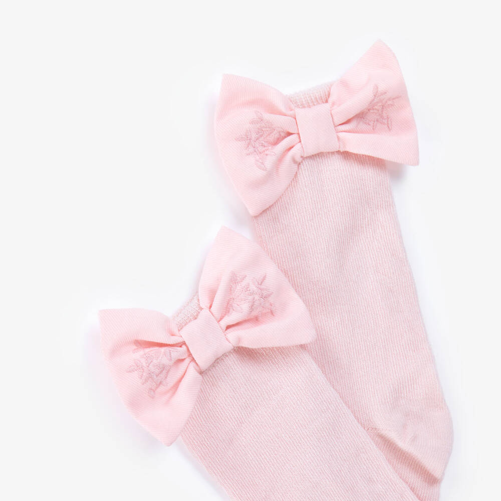 Patachou-Girls Pink Cotton Socks with Embroidered Floral Twill Bows | Childrensalon