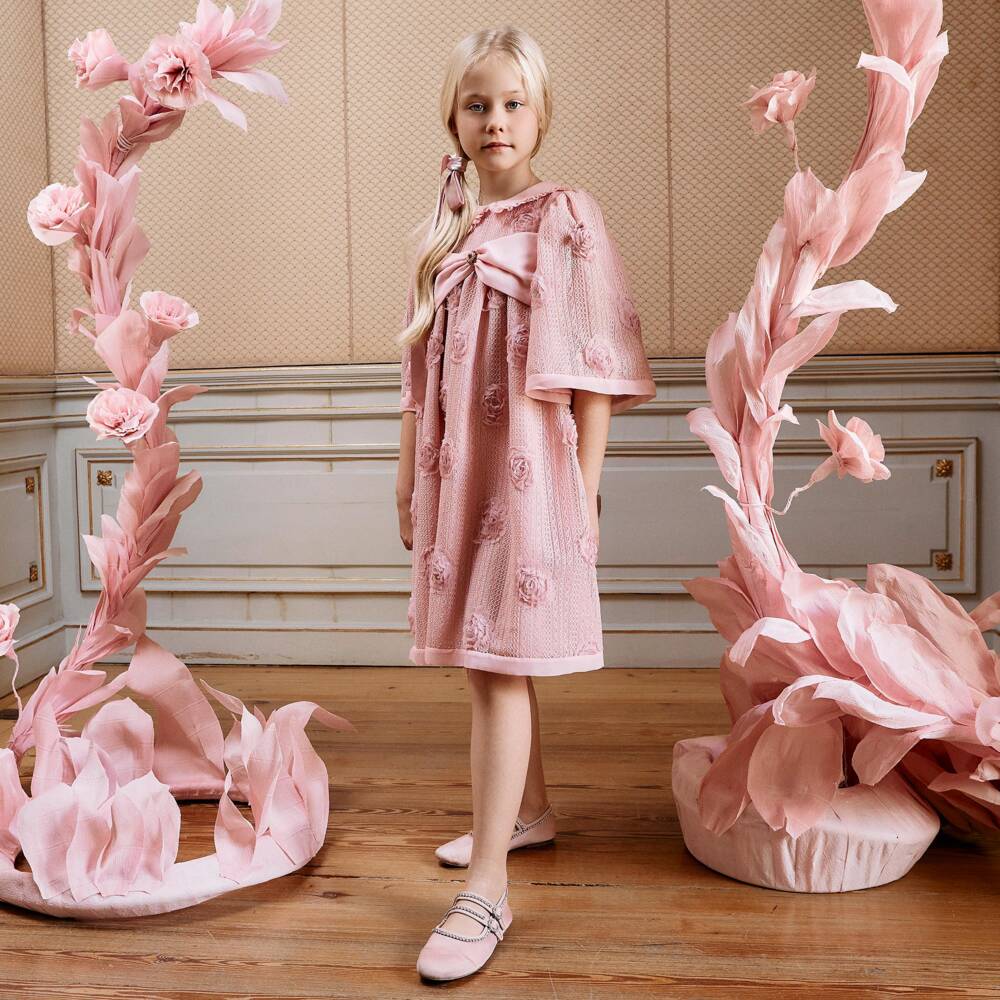 Patachou-Girls Pink Dress with Bow & Flowers | Childrensalon