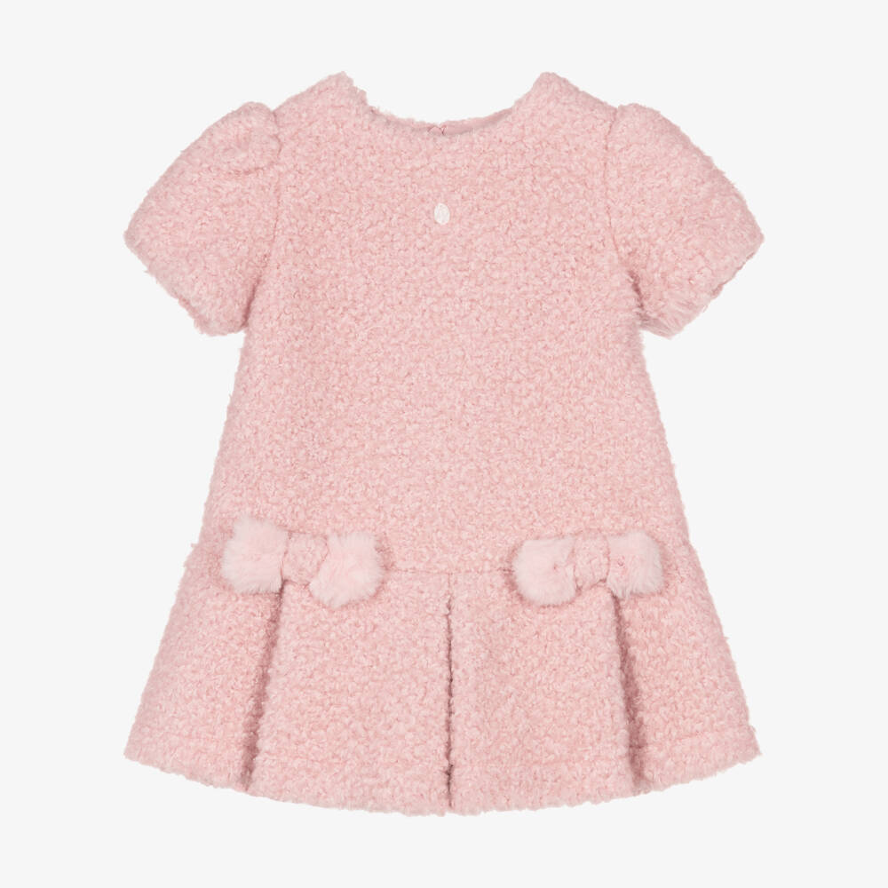 Patachou-Girls Pink Fleece Dress with Fluffy Bows | Childrensalon