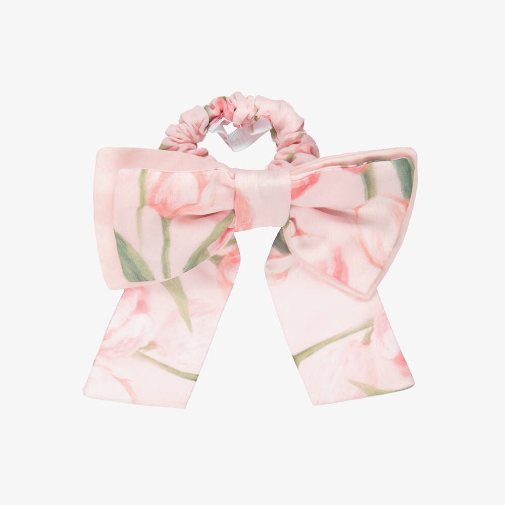 Patachou-Girls Pink Floral Chiffon Bow Hair Scrunchie (15cm) | Childrensalon