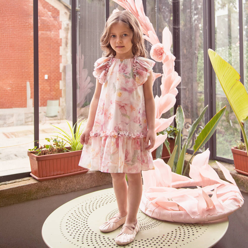 Patachou-Платье розовое из шифона с цветами для девочек | Childrensalon