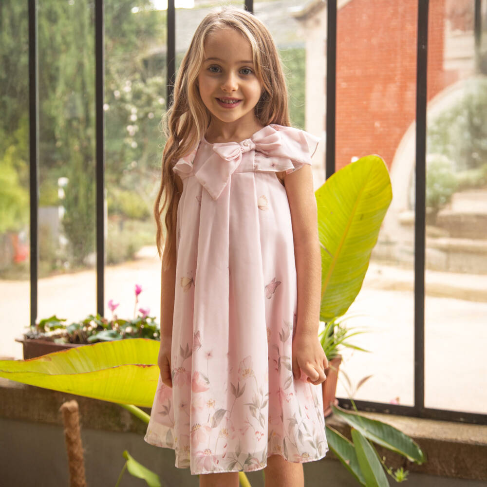 Patachou-Платье шифоновое розовое с цветами и бантом для девочек | Childrensalon