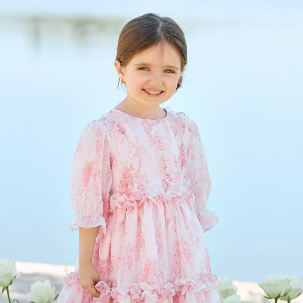 Patachou-Girls Pink Floral Chiffon Ruffle Dress | Childrensalon