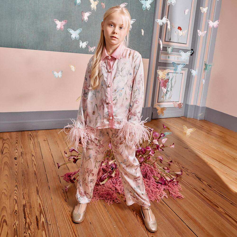 Patachou-Girls Pink Floral Satin Trouser Set with Feather Trims | Childrensalon
