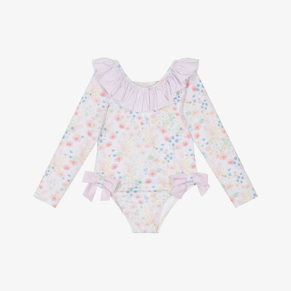 Patachou-Girls Pink Floral & Striped Ruffle Sleeved Swimsuit (UV50) | Childrensalon