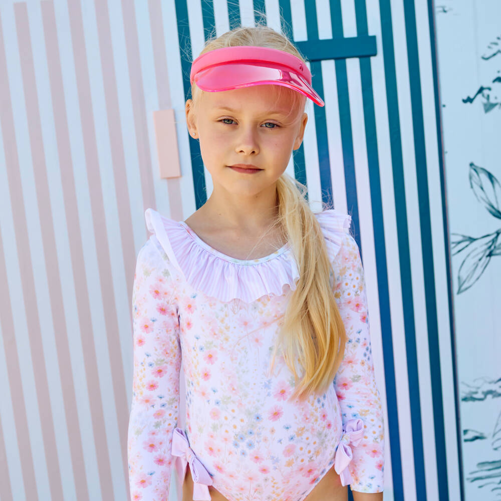 Patachou-Girls Pink Floral & Striped Ruffle Sleeved Swimsuit (UV50) | Childrensalon