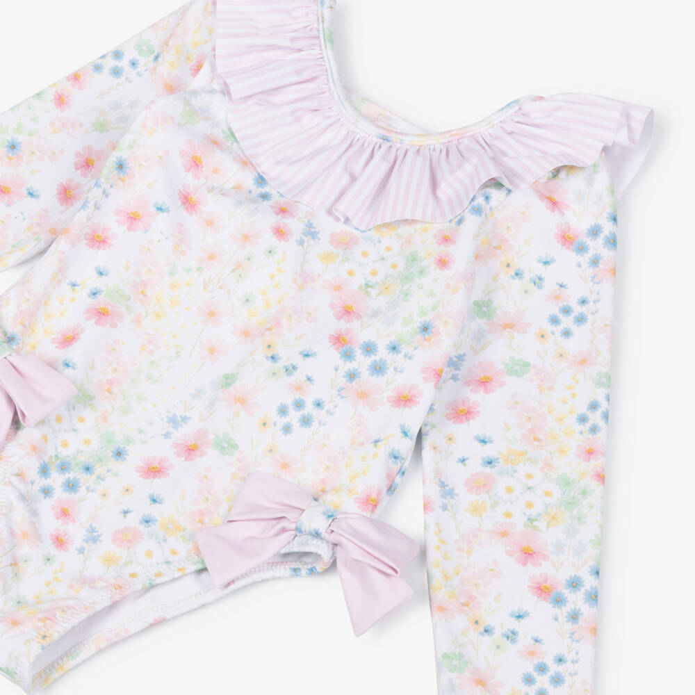 Patachou-Girls Pink Floral & Striped Ruffle Sleeved Swimsuit (UV50) | Childrensalon