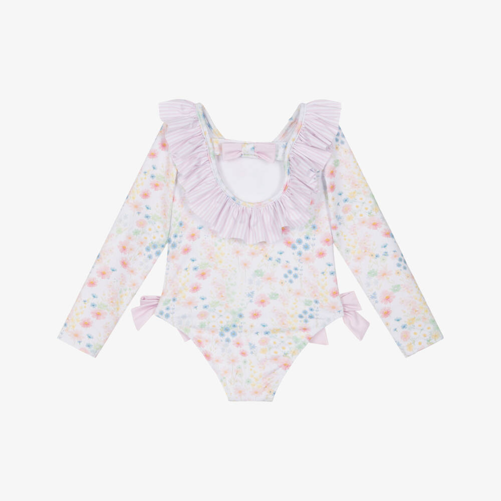 Patachou-Girls Pink Floral & Striped Ruffle Sleeved Swimsuit (UV50) | Childrensalon