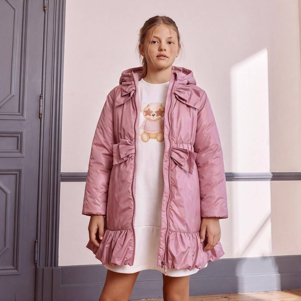 Patachou-Girls Pink Hooded Coat with Bows | Childrensalon