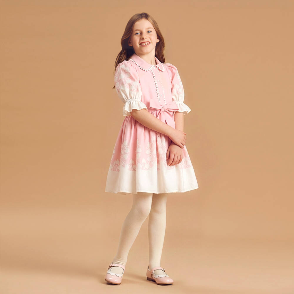 Patachou-فستان بتصميم قميص بطبعة ورود لون زهري وعاجي للبنات | Childrensalon