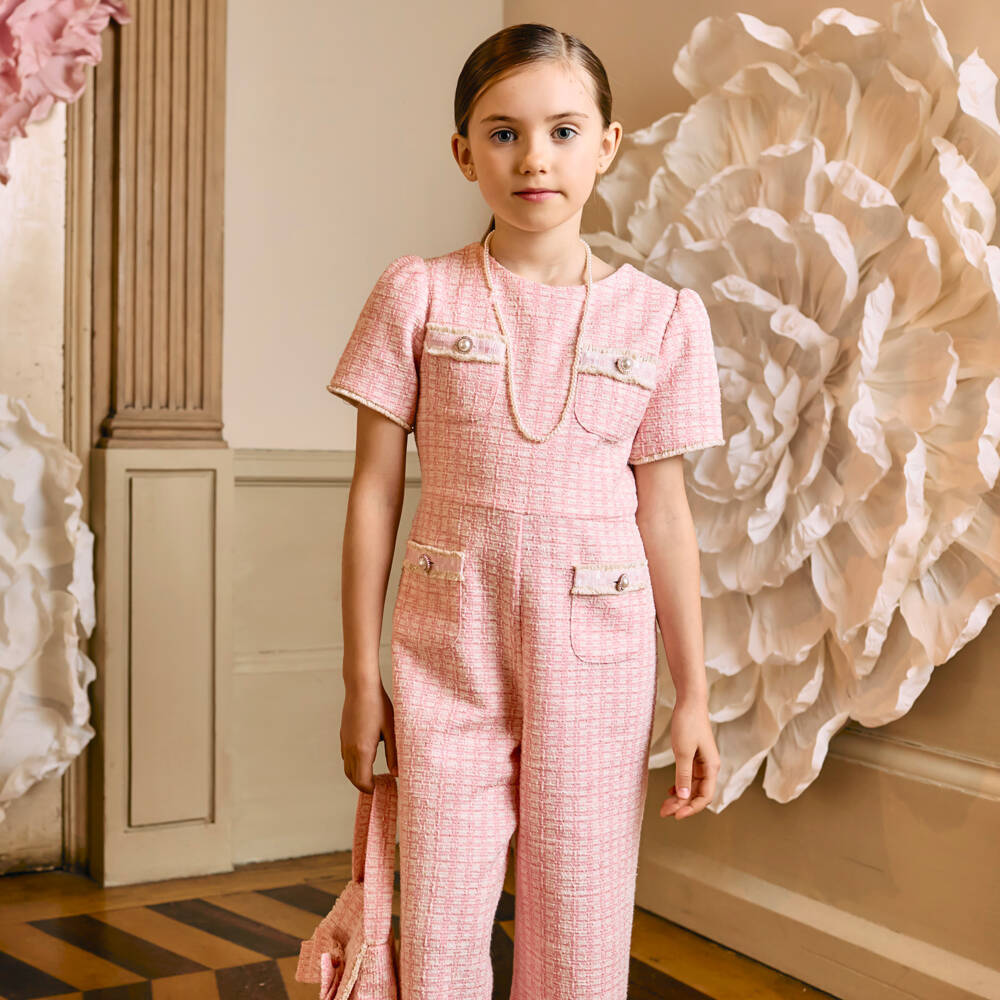 Patachou-Girls Pink, Ivory & Glittery Gold Tweed Cotton Jumpsuit | Childrensalon