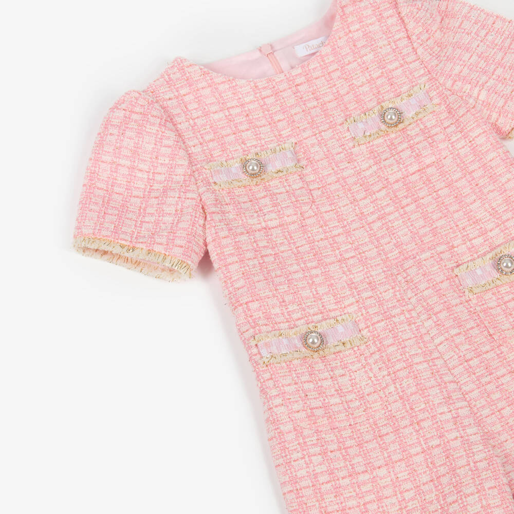 Patachou-Girls Pink, Ivory & Glittery Gold Tweed Cotton Jumpsuit | Childrensalon