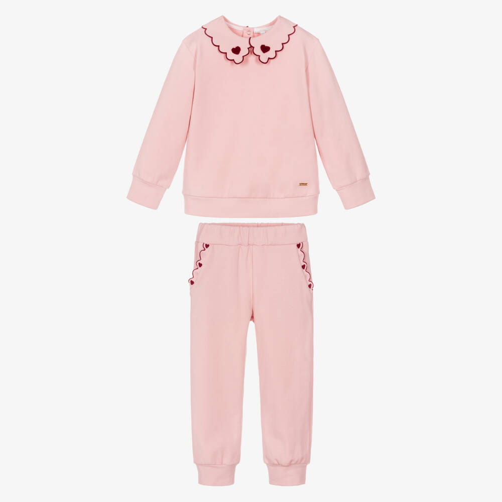 Patachou-Girls Pink Jersey Tracksuit with Scalloped Collar | Childrensalon