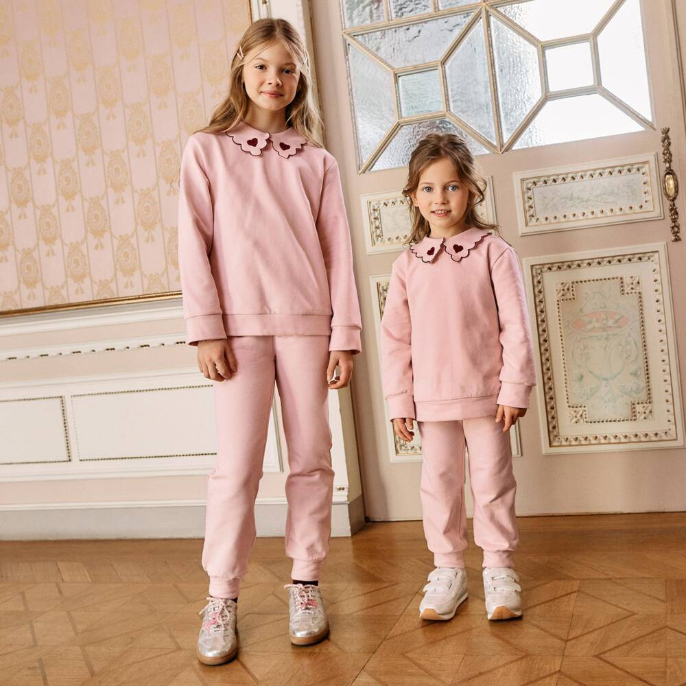 Patachou-Girls Pink Jersey Tracksuit with Scalloped Collar | Childrensalon