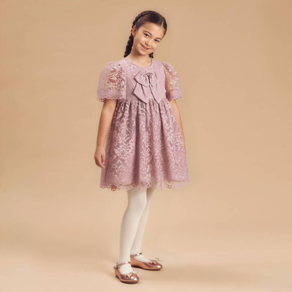 Patachou-Girls Pink Lace Dress with Chiffon Bow & Diamanté Detail | Childrensalon