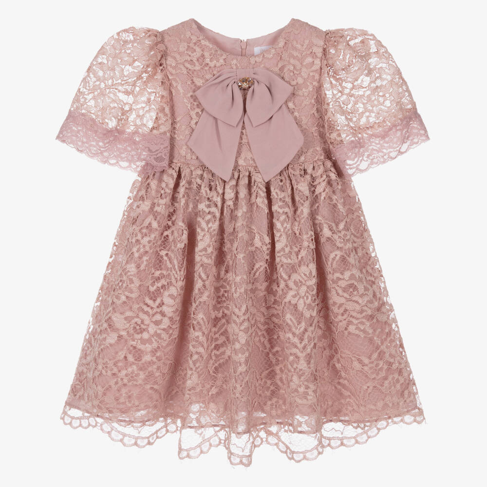 Patachou-فستان بنات دانتيل مزين بفيونكة وكريستال لون زهري | Childrensalon