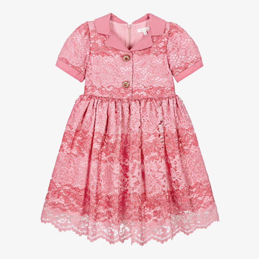 Patachou-Girls Pink Lace Dress with Gemstone Buttons | Childrensalon